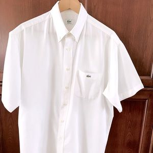 Lacoste 100% white cotton piquet men’s dress shirt with logo short sleeves EUR43